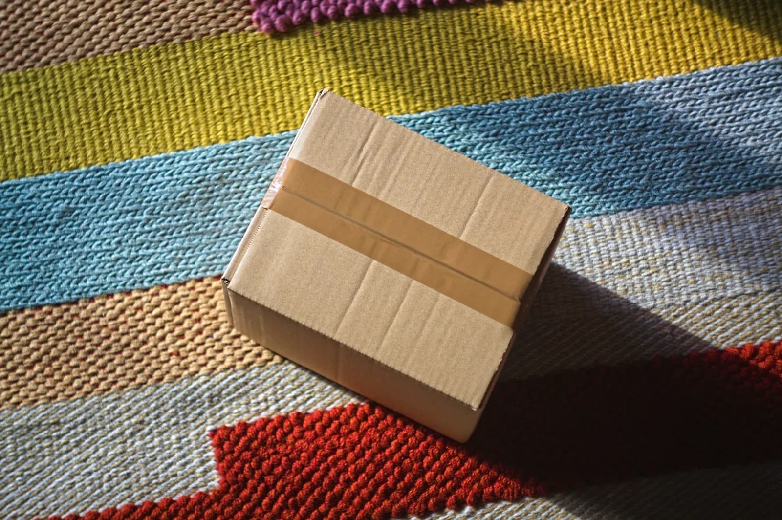 A delivery box resting on a striped rug at home