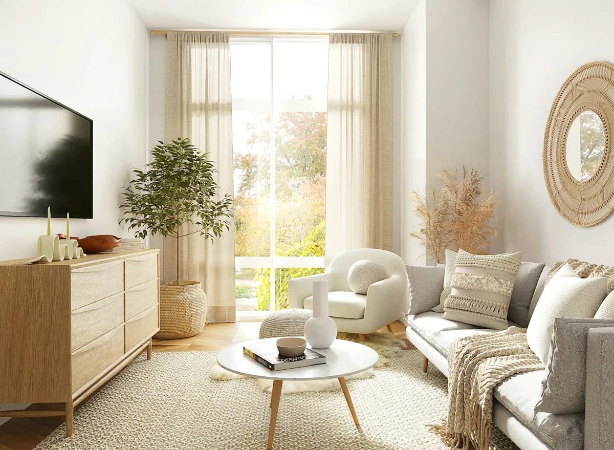 A bright living room with a grey armchair by the window