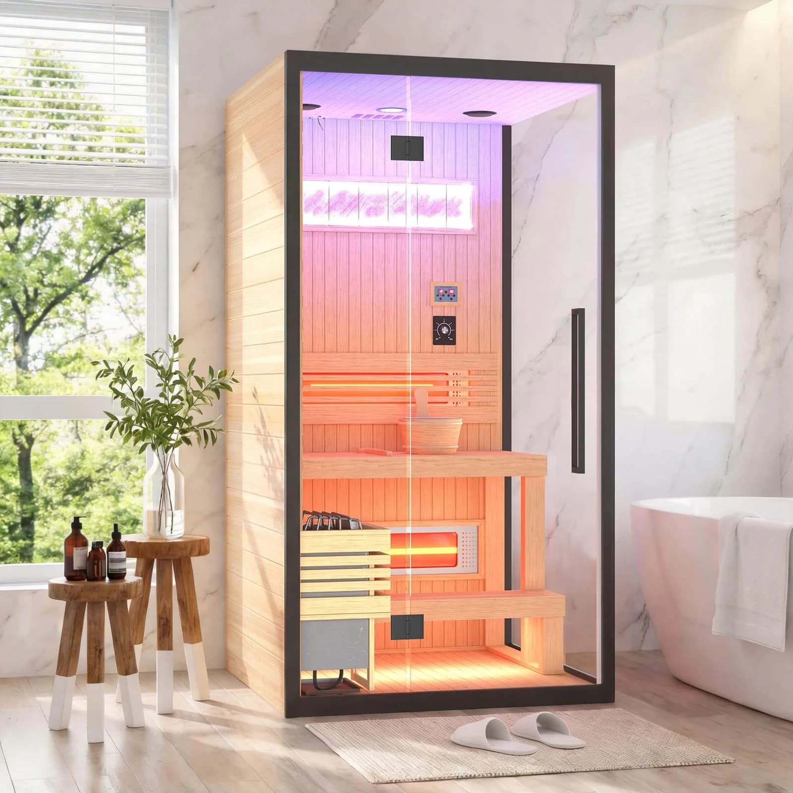 Indoor hemlock sauna for one or two people with chromotherapy and Bluetooth