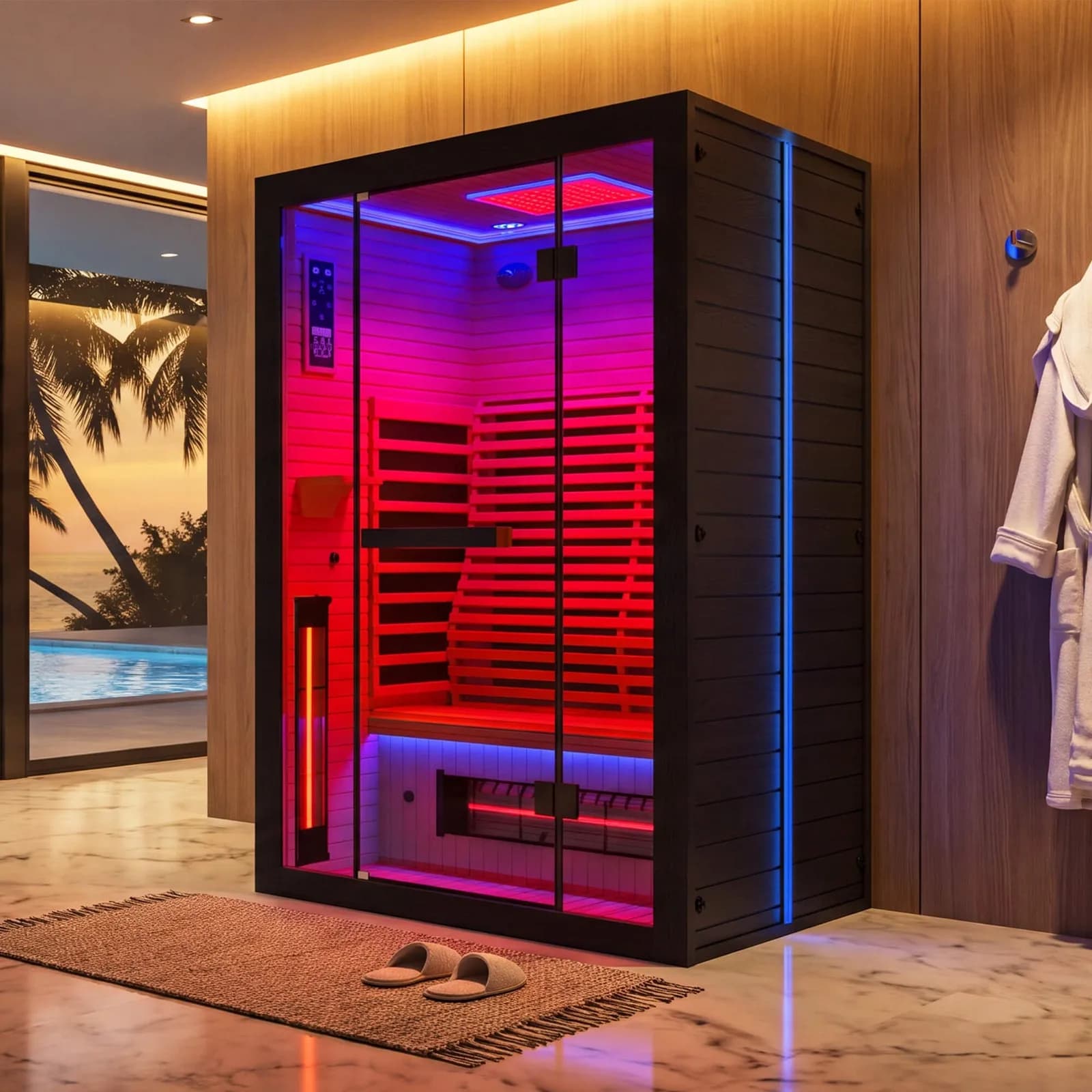 Black two person infrared sauna with red light therapy, LED lights, Bluetooth, and adjustable seat
