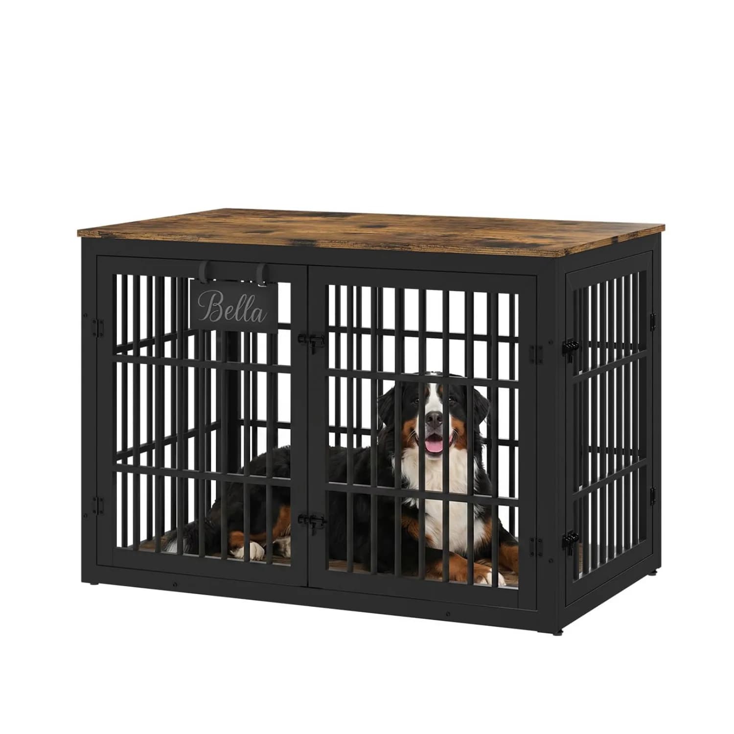Wooden dog crate furniture end table with dual doors and caster wheels