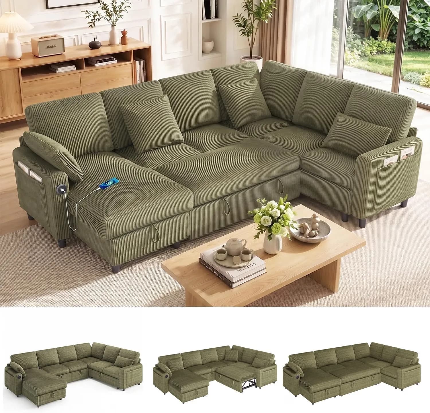 Green corduroy U-shaped modular sofa bed with storage chaise lounge
