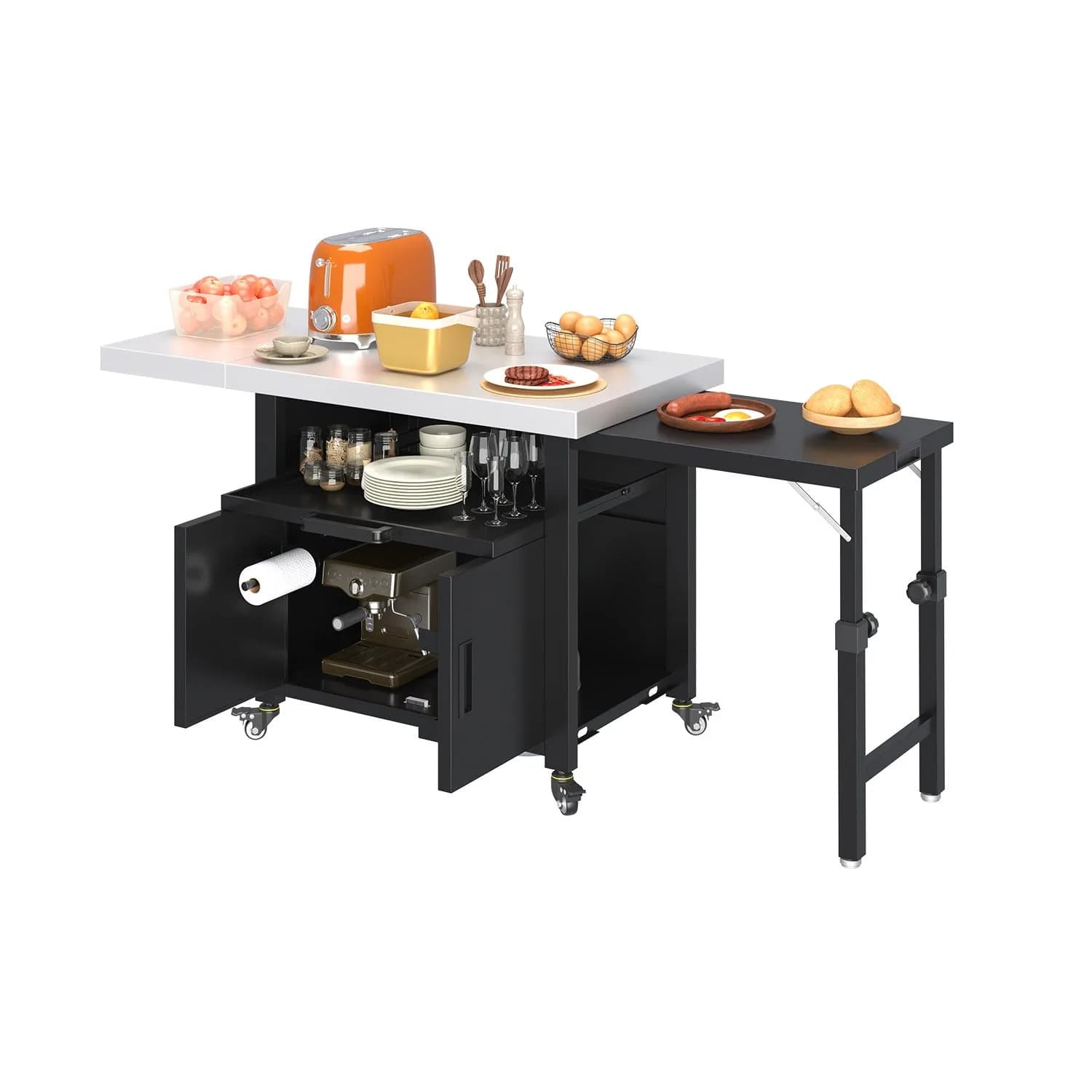 Outdoor kitchen island with cabinet and two side table bar cart