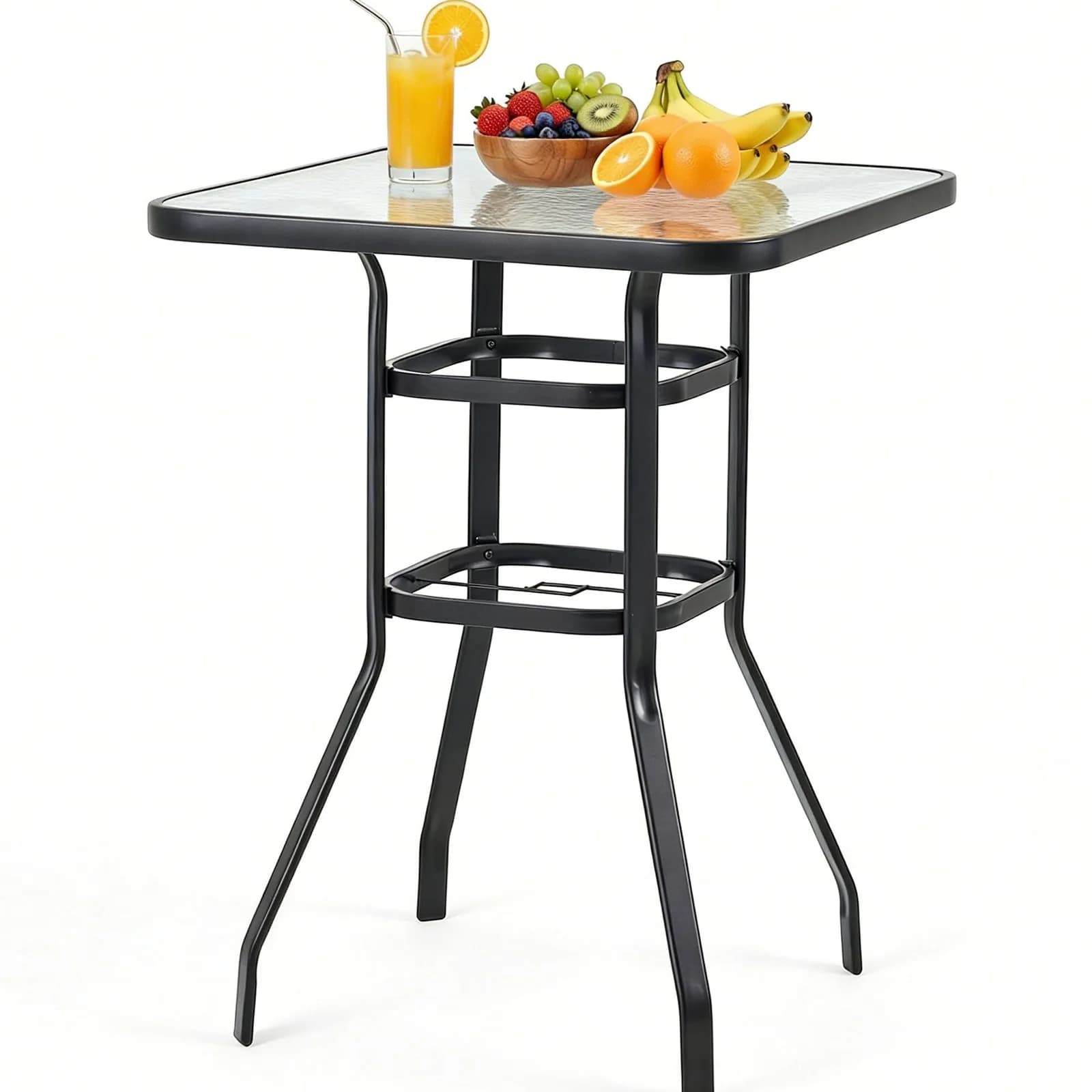 Square patio bar table with umbrella hole and tempered glass top