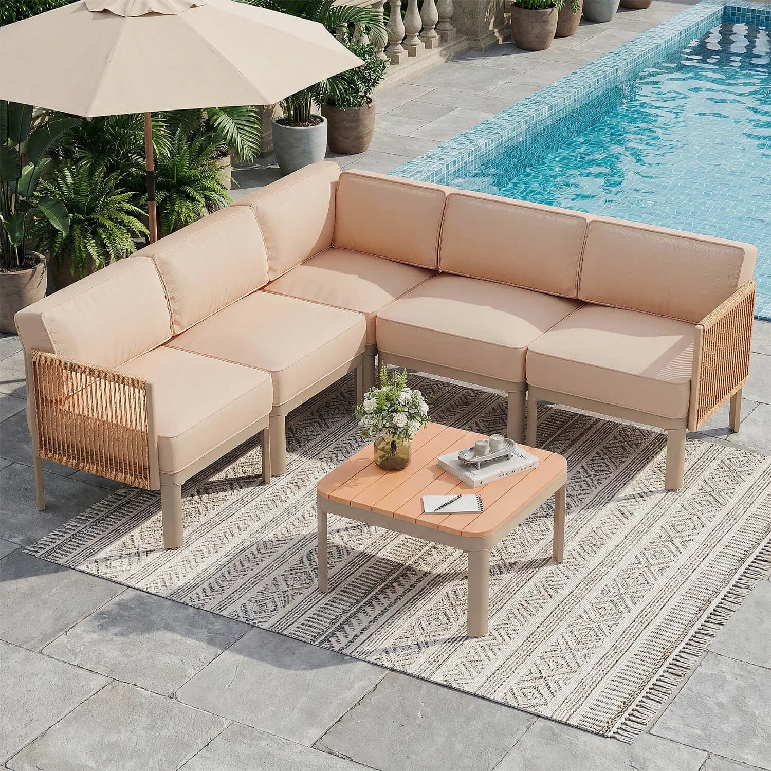 Beige six-piece aluminum patio sectional sofa set with thick cushions and coffee table
